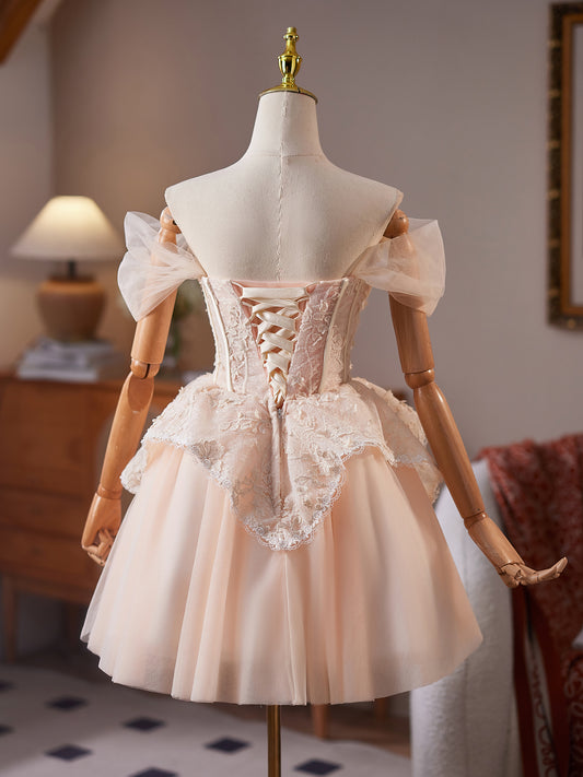A-Line Off Shoulder Tulle Lace Champagne Pink Short Prom Dress, Champagne Homecoming Dress