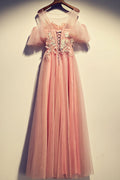 Pink round neck tulle lace long prom dress, pink tulle evening dress
