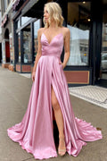 Simple v neck satin long prom dress pink long evening dress