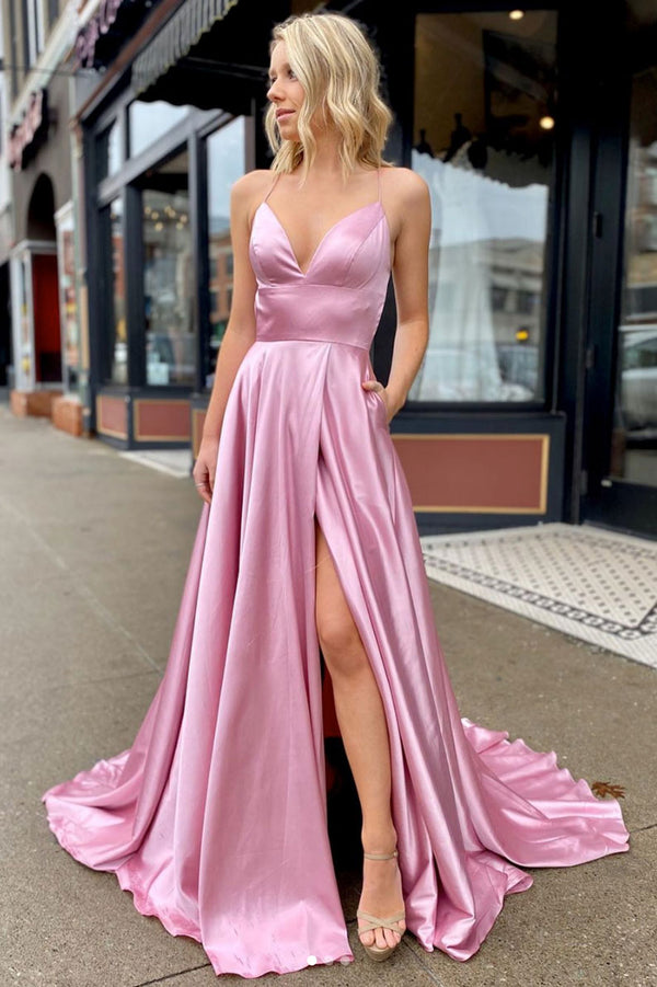 Simple v neck satin long prom dress pink long evening dress
