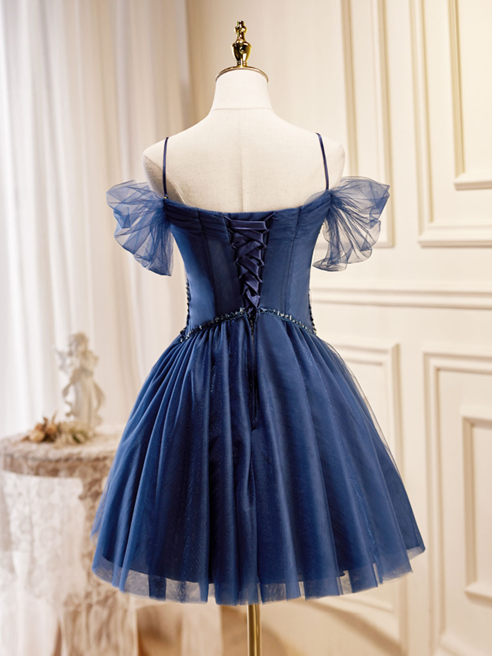 Dark Blue V Neck Tulle Short Prom Dress, Blue Homecoming Dress