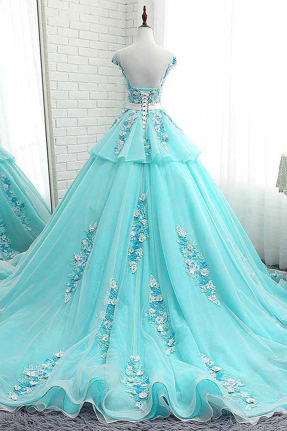Green round neck tulle lace applique long prom dress, green evening dress