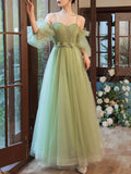 Simple green tulle A line long prom dress, green evening dress