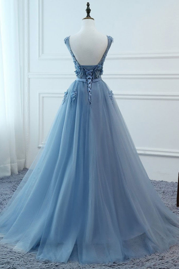 Blue v neck tulle lace long prom dress, blue tulle evening dress