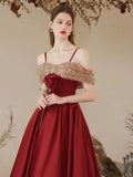 A-Line Off Shoulder Sweetheart Neck Tea Length Burgundy Prom Dress