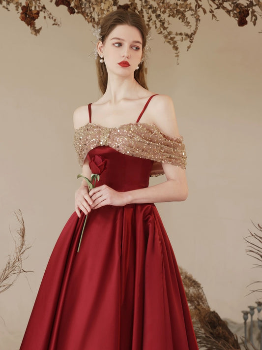 A-Line Off Shoulder Sweetheart Neck Tea Length Burgundy Prom Dress