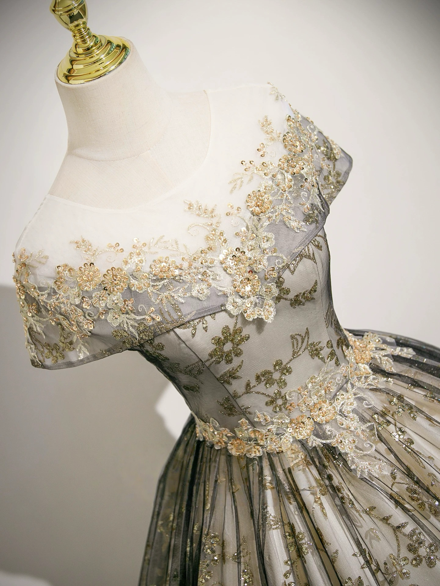 A-Line Tulle Lace Gray Long Prom Dress, Gray Long Evening Dress