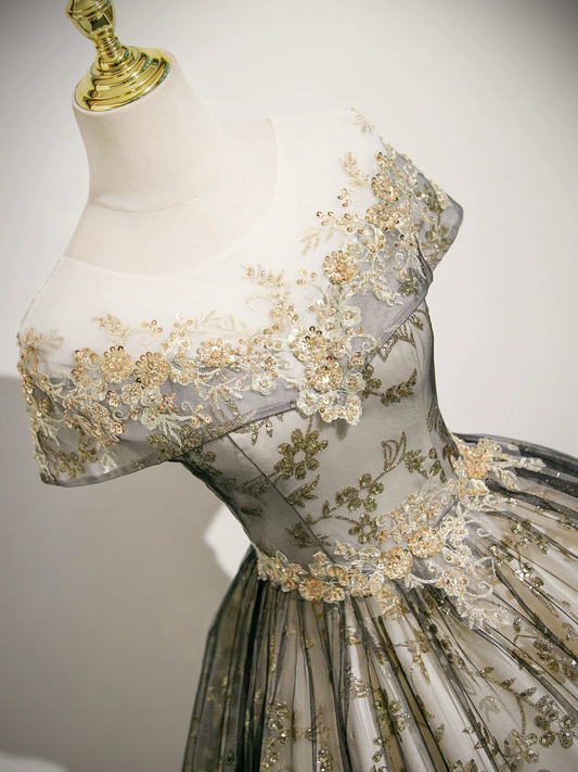 A-Line Tulle Lace Gray Long Prom Dress, Gray Long Evening Dress