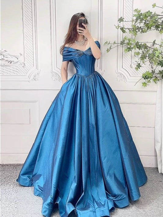 A-Line Off Shoulder Taffeta Blue Long Prom Dress, Blue Long Evening Dress