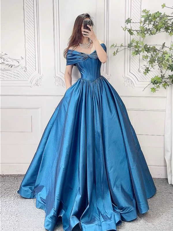 A-Line Off Shoulder Taffeta Blue Long Prom Dress, Blue Long Evening Dress