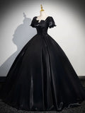 A-Line Short sleeve Satin Black Long Prom Dress, Black Long Evening Dress