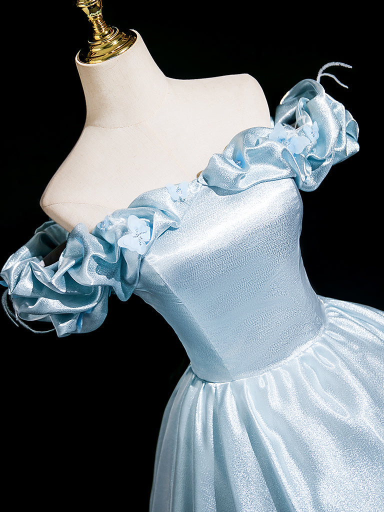A-Line Off Shoulder Satin Blue Long Prom Dress, Blue Long Formal Dress