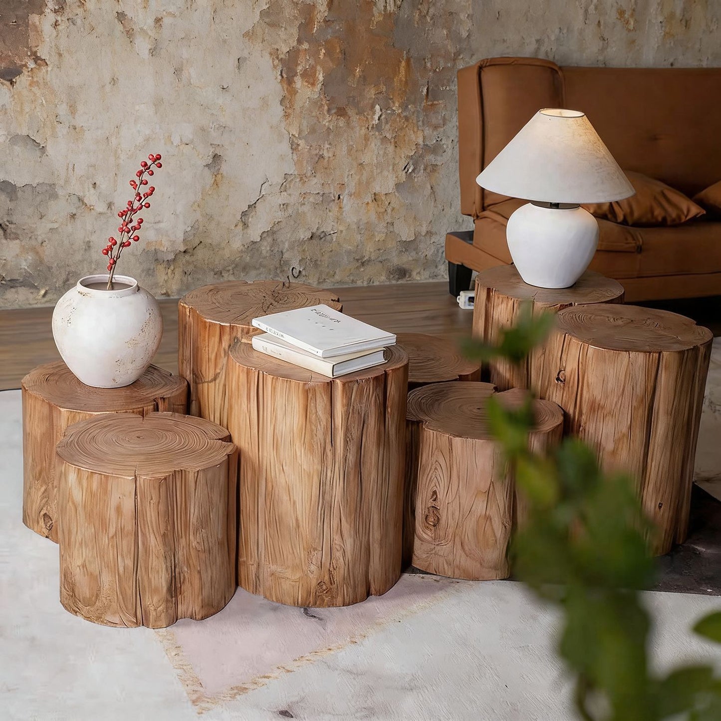 Natural Log Stump Stool & Organic Side Table