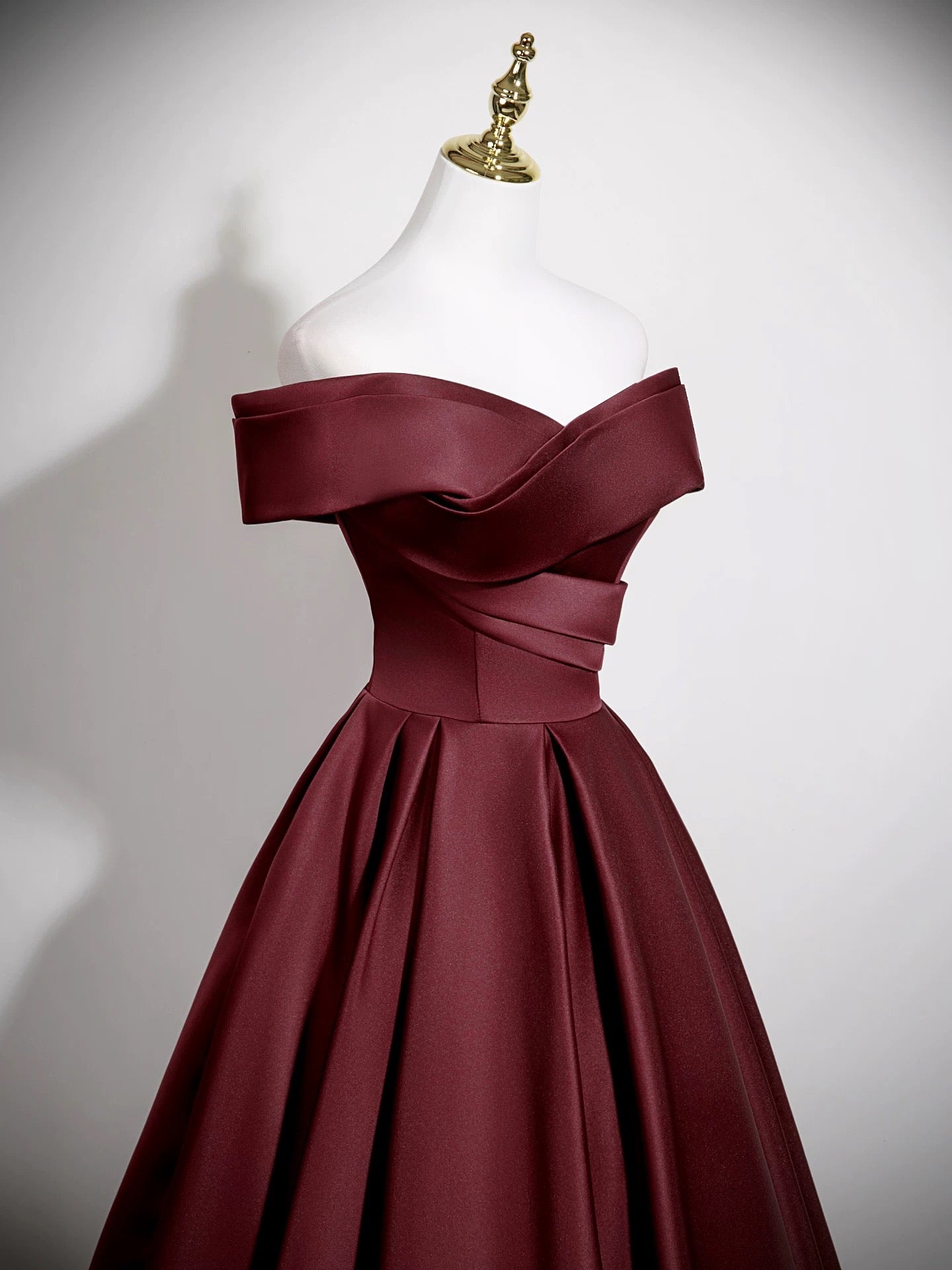 A-Line Off Shoulder Satin Burgundy Long Prom Dress, Burgundy Long Formal Dress