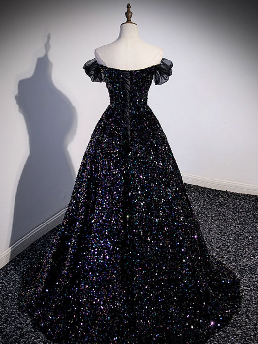 A-Line Sequin Black Long Prom Dress, Off Shoulder Black Evening Dress