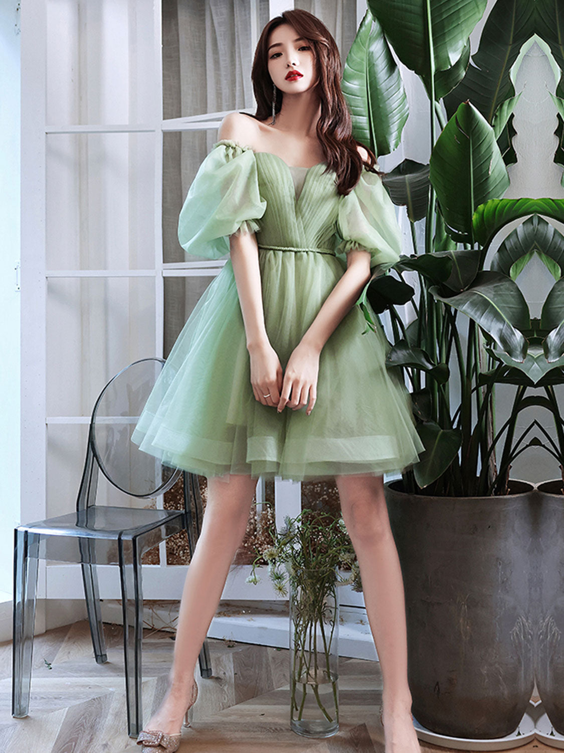 Green tulle short prom dress, green tulle homecoming dress