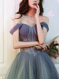 Gray blue sweetheart neck tulle long prom dress, white tulle formal dress