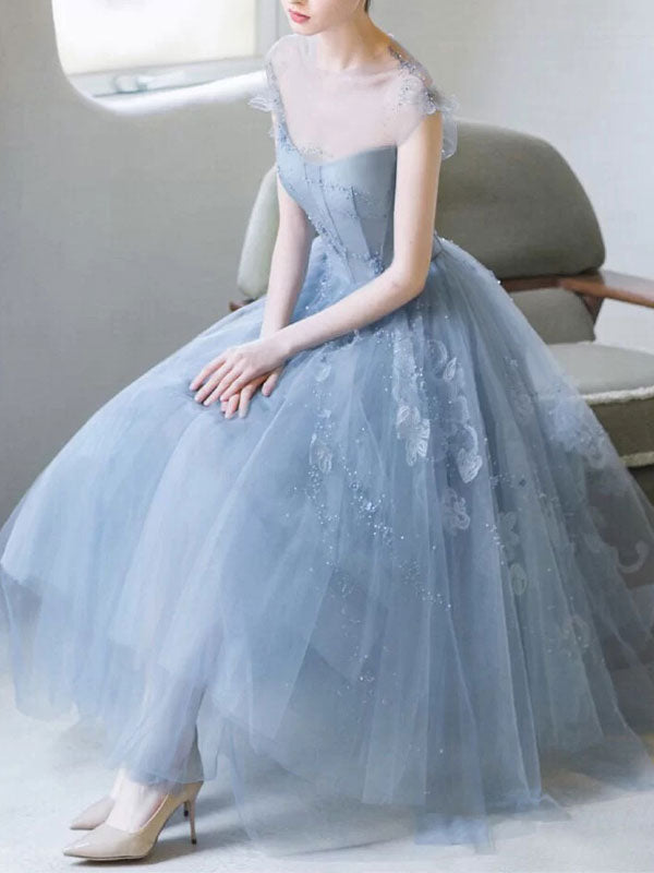 Blue round neck tulle short prom dress, blue tulle homecoming dress