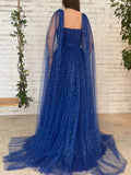 Blue tulle long prom dress, blue A line tulle formal evening dress