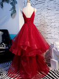 Burgundy v neck tulle long prom dress, burgundy evening dress