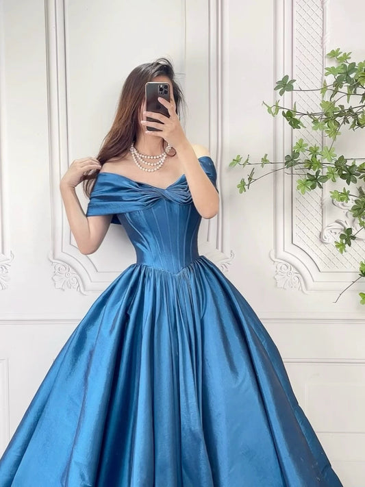 A-Line Off Shoulder Taffeta Blue Long Prom Dress, Blue Long Evening Dress