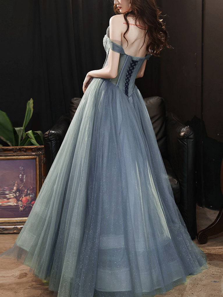 Gray blue sweetheart neck tulle long prom dress, white tulle formal dress