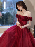 Burgundy off shoulder tulle long prom dress, burgundy evening dress