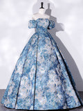 A-Line Blue Satin Long Prom Dress, Flower Satin Blue Evening Dresses