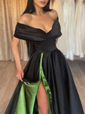 Simple black satin off shoulder long prom dress, black evening dress