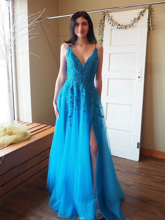 A-Line V Neck Tulle Lace Blue Long Prom Dress, Blue Long Formal Dress
