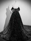 A-Line Sweetheart Neck Black Sequin Long Prom Dress, Black Formal Dress