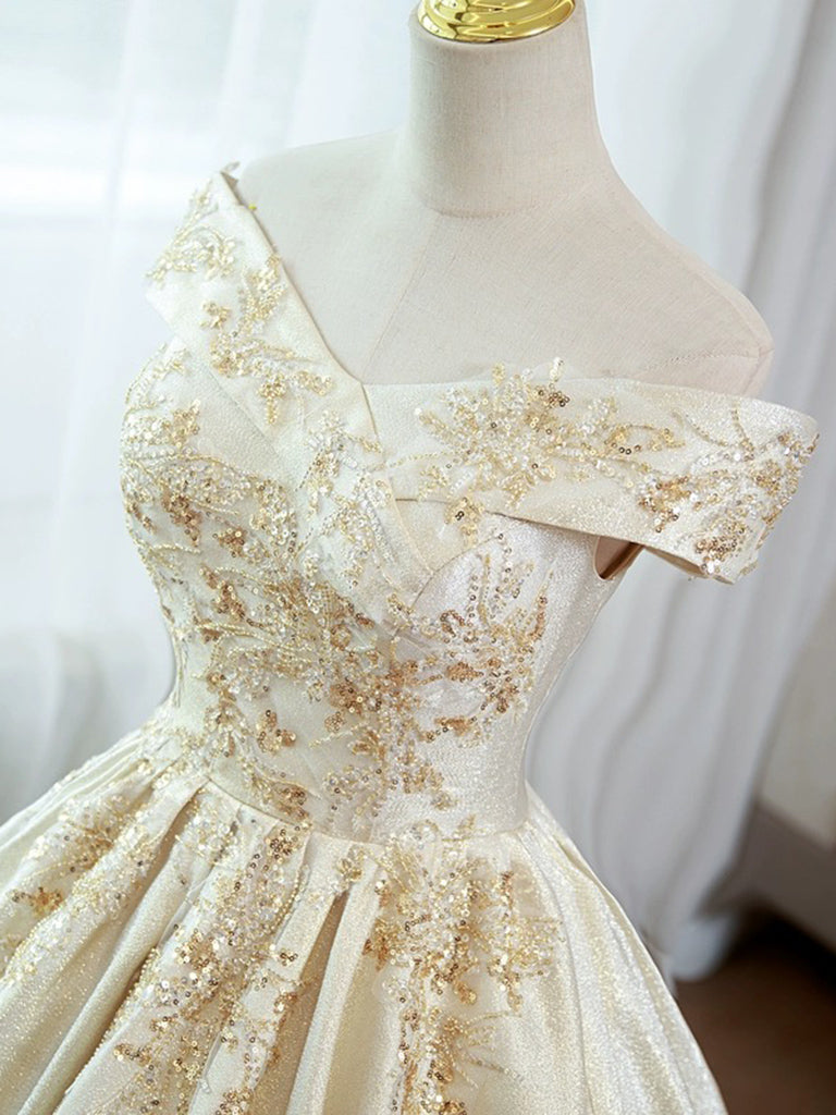 A-Line Satin Lace Off Shoulder Champagne Long Prom Dress