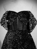 A-Line Sweetheart Neck Black Sequin Long Prom Dress, Black Formal Dress