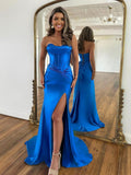 Simple Sweetheart Neck Satin Blue Long Prom Dress, Blue Long Formal Dress