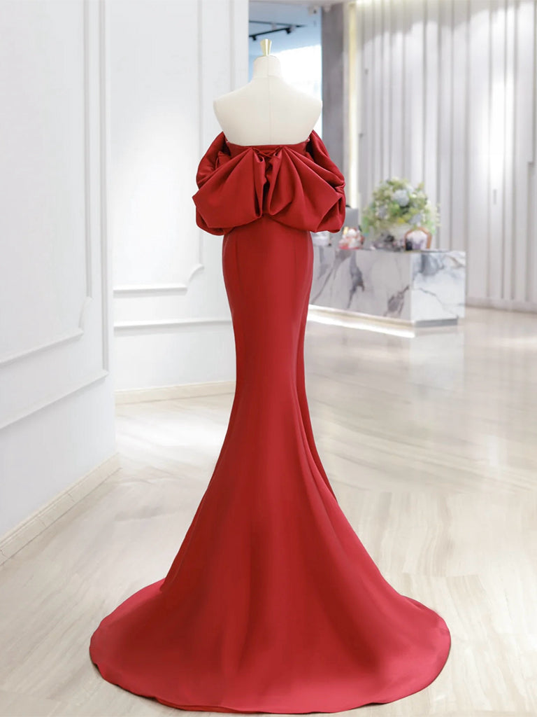 Simple Off Shoulder Satin Dark Red Mermaid Long Prom Dress