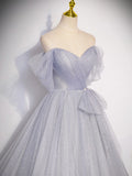 A-Line Off Shoulder Tulle Long Gray Prom Dress, Gray Formal Dresses