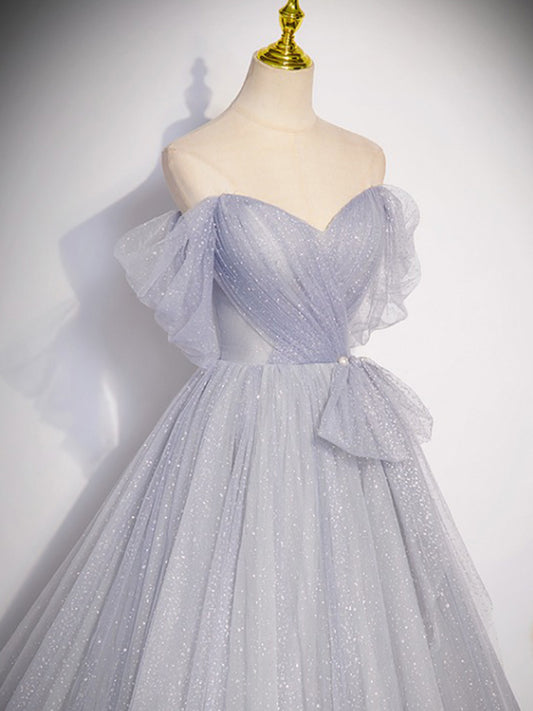 A-Line Off Shoulder Tulle Long Gray Prom Dress, Gray Formal Dresses