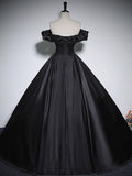 Black A-Line Off Shoulder Satin Long Prom Dress, Black Formal Dress