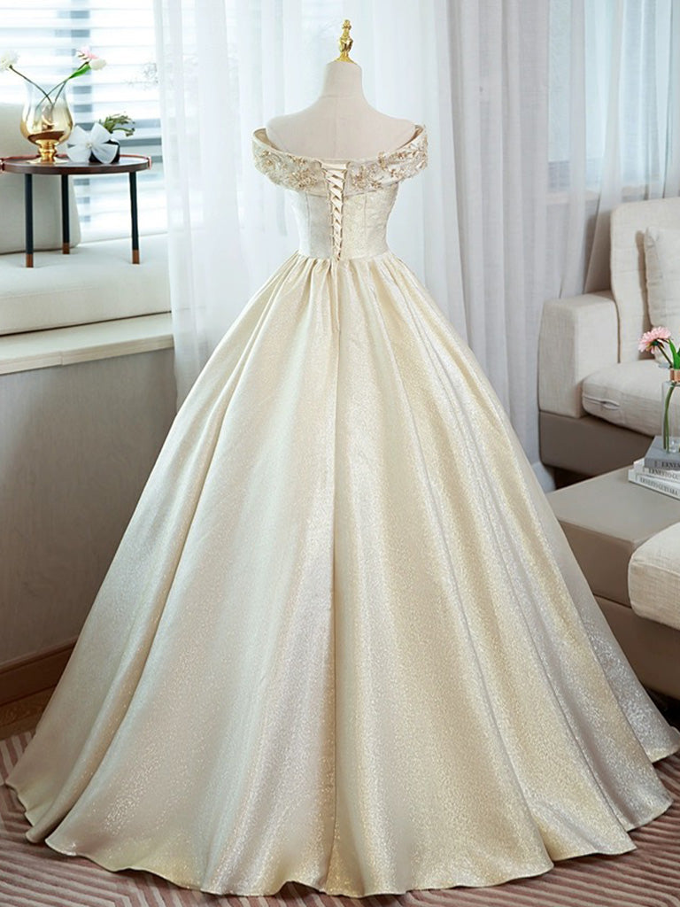 A-Line Satin Lace Off Shoulder Champagne Long Prom Dress