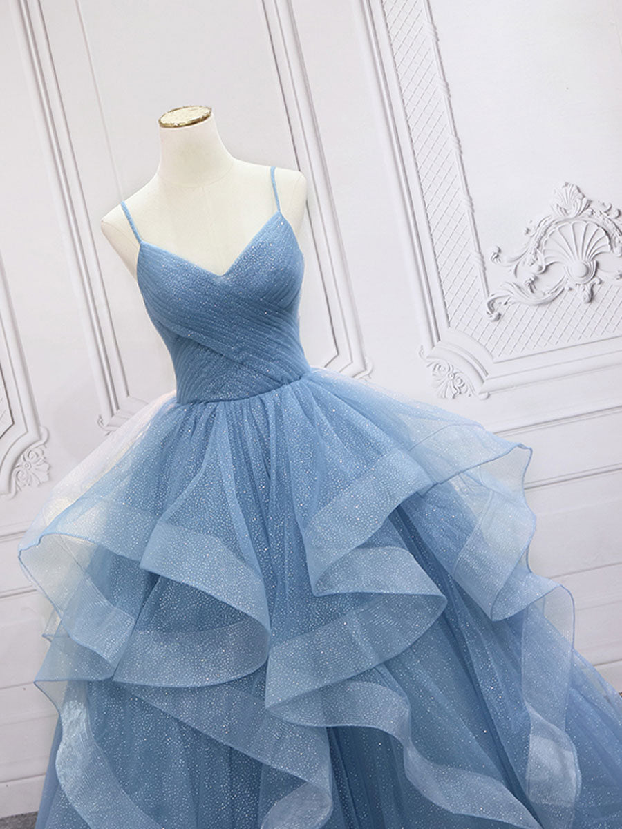 Blue tulle v neck sequin long prom dress, blue sweet 16 dress