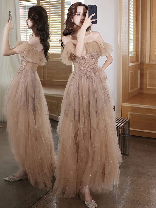 A-Line Off Shoulder Champagne Long Prom Dress, Champagne Formal Dress