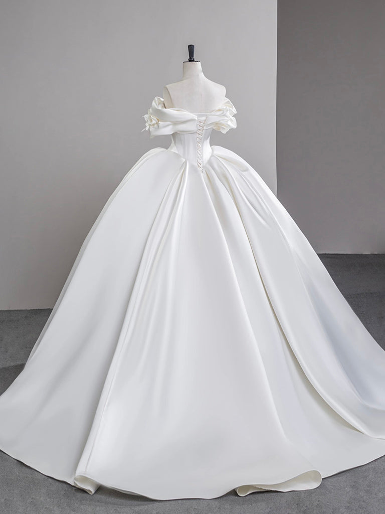 A-line Off Shoulder Satin White Long Prom Dress, White Long Formal Dress