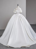 A-line Off Shoulder Satin White Long Prom Dress, White Long Formal Dress