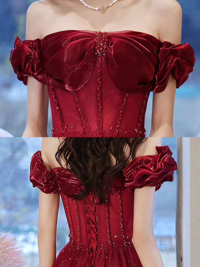 Burgundy off shoulder tulle long prom dress, burgundy evening dress