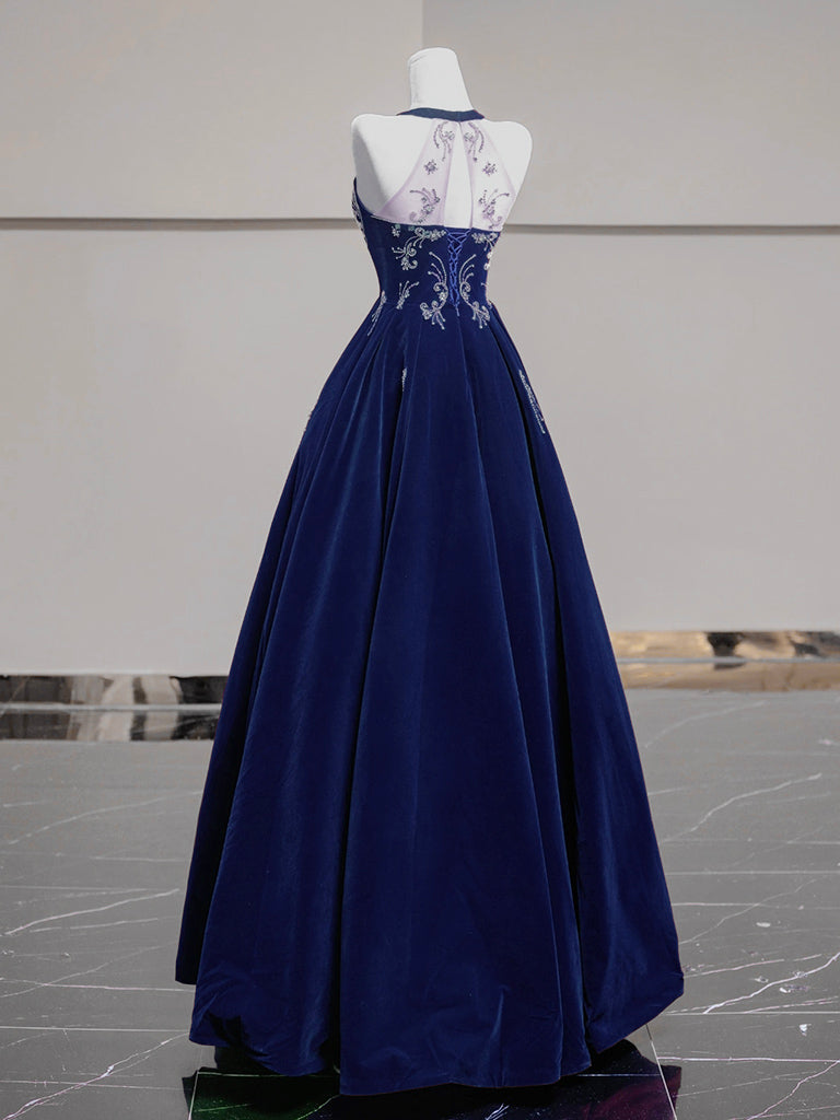 A-Line Velvet Beads Dark Blue Long Prom Dress, Blue Long Evening Dress