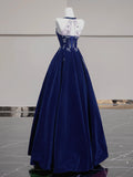 A-Line Velvet Beads Dark Blue Long Prom Dress, Blue Long Evening Dress