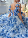 A-Line V Neck Tulle Blue Long Prom Dress, Blue Long Evening Dress