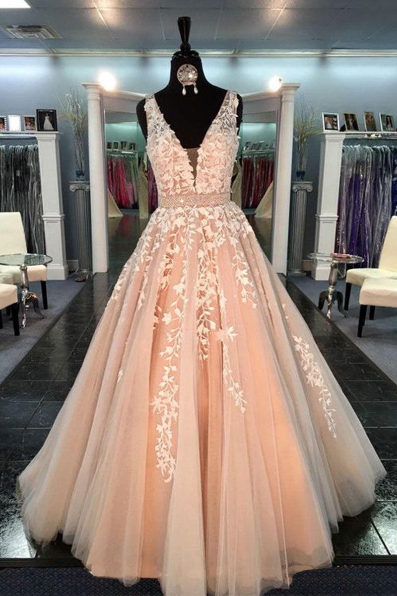 Unique v neck tulle lace long prom dress, tulle lace wedding dress