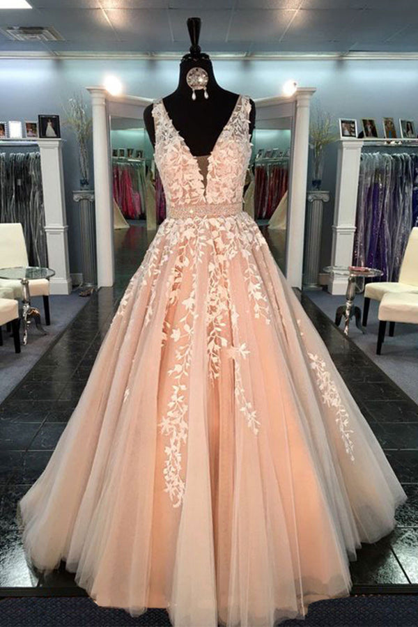 Unique v neck tulle lace long prom dress, tulle lace wedding dress