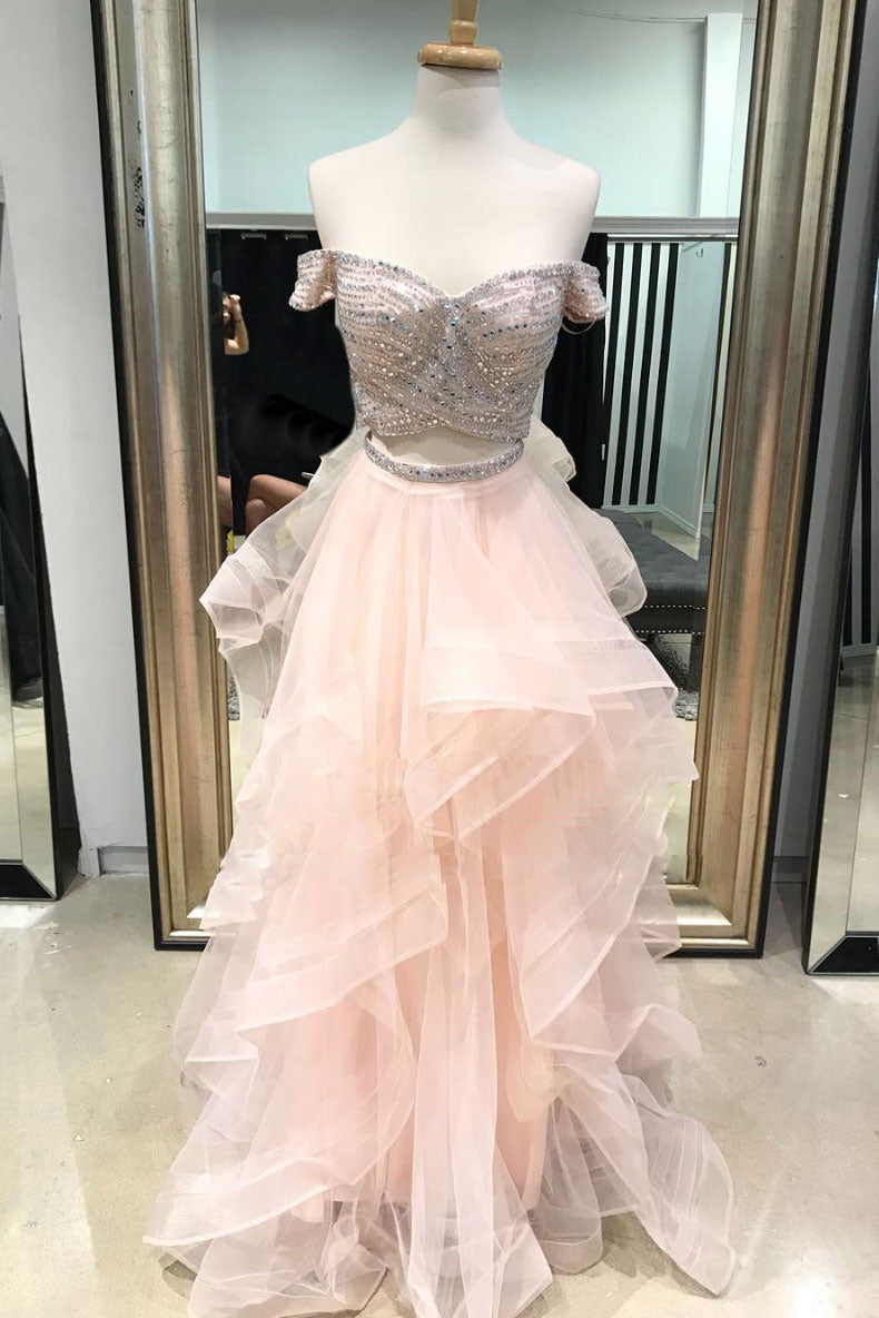 Pink two pieces beads tulle long prom dress, pink evening dress